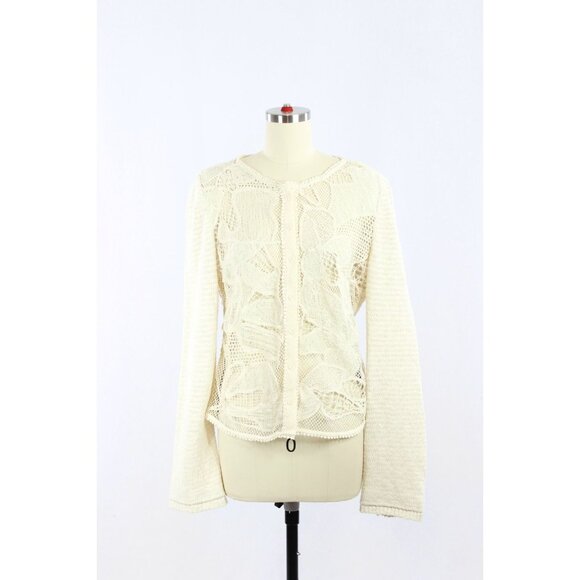 ZARA Ecru Ivory Contrast Cotton Blend Lace Knit Cardigan Sweater, Size XL - Picture 1 of 16